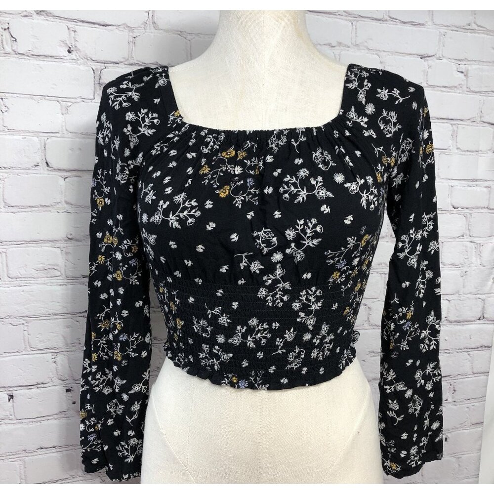 Cottagecore Black Floral Y2K Milkmaid Long Sleeve Top Sz XS